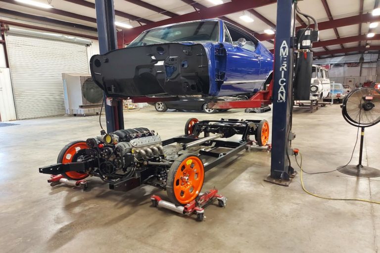 Custom 1969 SS Chevelle Pro Touring muscle car powder coated Roadster Shop Chassis and body on lift