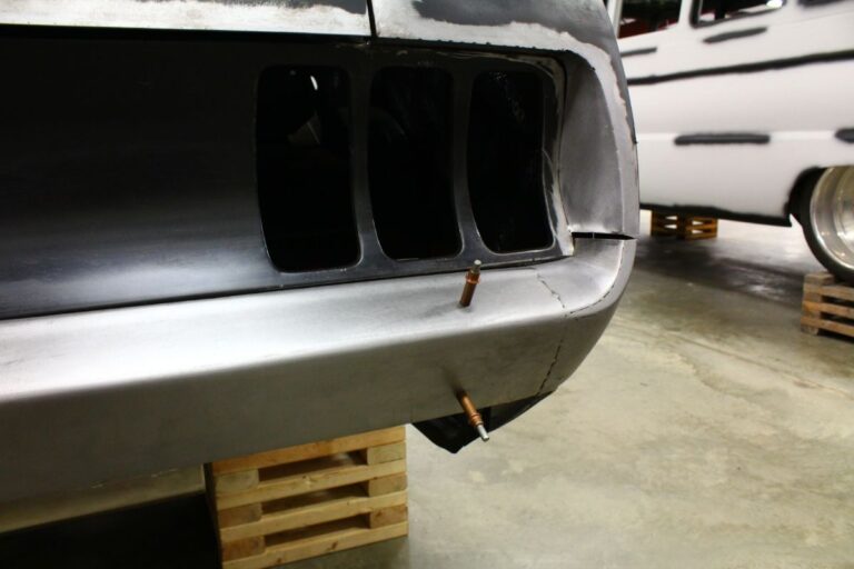 Custom 1969 Fastback Mustang with supercharged coyote engine rear bumper fabrication