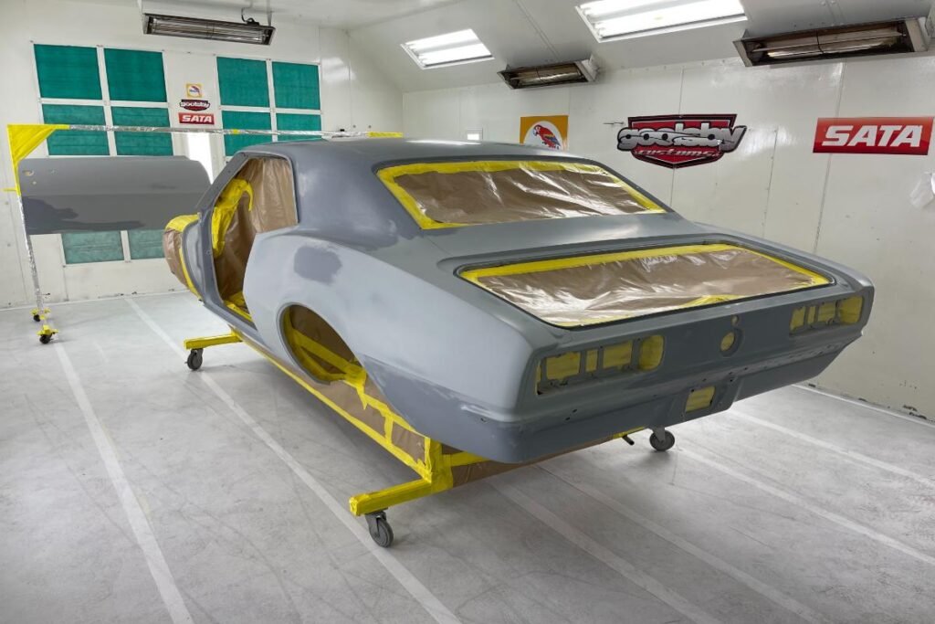Custom LT4 1967 Camaro Pro Touring street rod in the paint shop