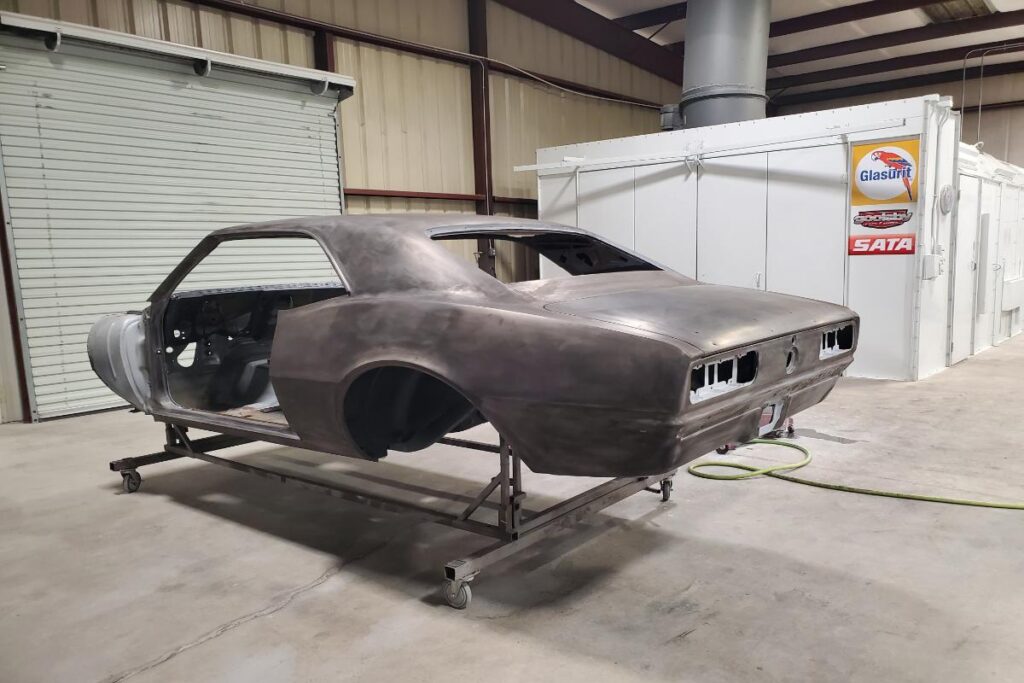 Custom LT4 1967 Camaro Pro Touring street rod in the paint shop
